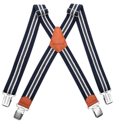 HBselect Tirantes 4 Clips X Forma Ancho 4 cm Tirantes Elásticas Longitud Adjustable Para Hombre y Mujer (Gris,Blaco y Azul Marino Rayas)