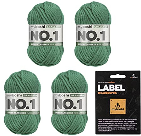 myboshi No.1 Wolle zum Häkeln und Stricken, Schnellstrickgarn, inkl. Label, Strickwolle, Häkelwolle, mulesing-frei, Ll. 55m /50g, 30% Wolle (Merinowolle) Grün (Grasgrün), 4 Knäuel