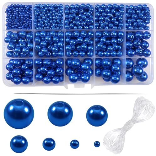 TOAOB 1400 Piezas de Plástico Redondas Color Azul Perlas Espaciadoras de 3 a 14 mm Hilo de Cristal y Aguja con Cuentas para Manualidades y Collares Pulseras Pendientes de Fabricación de Joyas