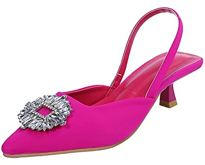 Ladies Slingback Kitten Heel Court Shoes for Women Mid Heel Diamante Pointed Toe Wedding Prom Dress Sandals Pink