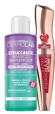 Deborah Milano Set inkl. 24 Stunden Instant Maxi Volume Mascara mit Granatapfelöl, Schwarz, 12 ml und zweiphasiger Dermolab Make-up-Entferner sanft für Augen und Lippen für wasserfestes Make-up, 50 ml