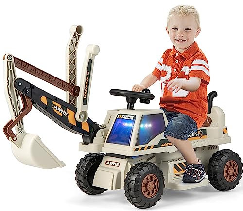 DREAMADE Sitzbagger für Kinder mit Schaufel, Kinderbagger zum draufsitzen mit eingebautem Ablagefach, Sandbagger Schaufelbagger, Aufsitzbagger mit Licht Musik Hupe, für Kinder ab 3 Jahren (Grau)