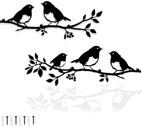 Pduoduo 2 Stück Metall-Vögel-Wandkunst,hängende Blätter mit Vögeln,Metall Ornament Zweig Wand hängende Zeichen für Balkon Indoor Outdoor Dekoration