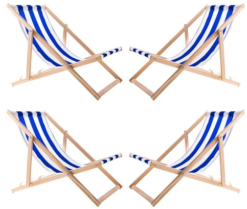WOODOK 4er Liegestuhl Klappbar - Gartenliege Klappbar bis 120kg, Sonnenliege aus Buchenholz ohne Armlehne - 3-Stufige Rückenlehnenverstellung (4X Blau/Weiß)