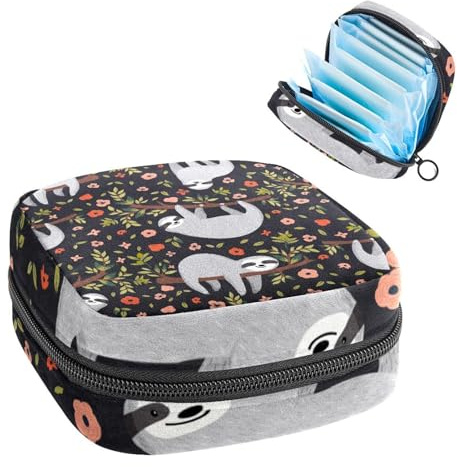 Sanitary Napkin Storage Bag, Menstrual Cup Pouch Tampon Bag, Period Pads Holder Organizer for Women Girls, Sloth Flowers