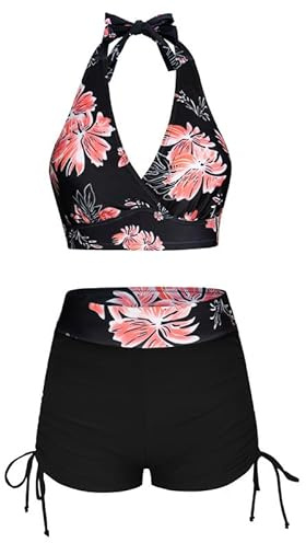 JASAMBAC High Waisted Bikini Set,Halter Neck Bikini Top & Tummy Control Swimwear Bikini Boyshorts Swimming Costume Floral Swimsuits Soft Bathing Suits Padded Beachwear