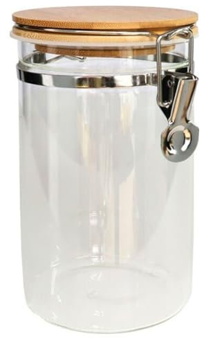 Tradineur Bocal en verre borosilicate avec couvercle en bambou et fermeture en métal, boîte hermétique, pot de conservation pour pâtes, café, condiments, 18 x 14 x 10,5 cm, 1000 ml