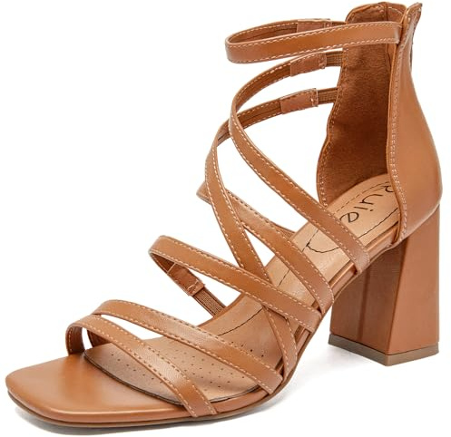 Ruiee Women's Heels Chunky Heeled Sandals - Dressy Pump Heels Ankle Strap Square Open Toe Wedding Party High Heeled Sandals for Women.2408094 Tan Size9