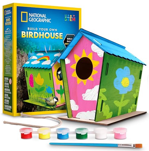 National Geographic Build Your Own Birdhouse Kit – DIY Wooden Birdhouse Craft with Paints, Brush, Bird-Watching Journal & Educational Poster for Kids, Bird House Craft