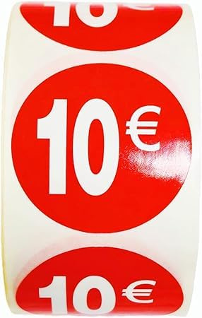 3 rollos de etiquetas de precio '10€' para productos rebajados | 1.500 pegatinas autoadhesivas de descuento en color rojo brillante | Pegatinas redondas para etiquetar ofertas de Ø35 mm (10€-3)