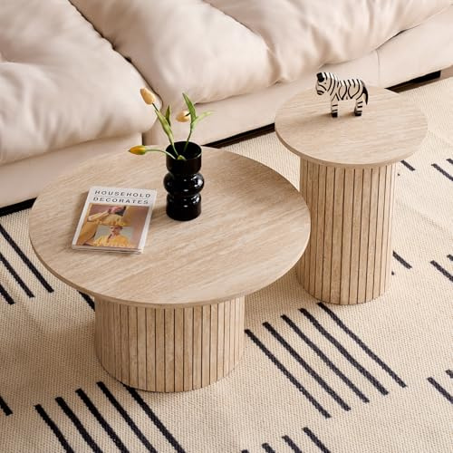 GrandCA HOME - Set med 2 runda soffbord, sidobord för rund soffa, MDF-skiva med träribbbas, perfekt för vardagsrum och kontor (marmor)