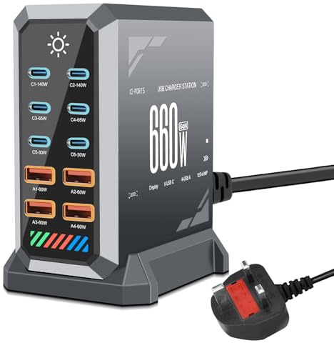 10 in 1 & 660W USB C Charging Station Hub GaN III Multi Port USB Fast Charger Block (6 USB‑C & 4 USB‑A), Gray Power Dock Compatible with MacBook, iPhone, iPad, Galaxy S24/S23 etc