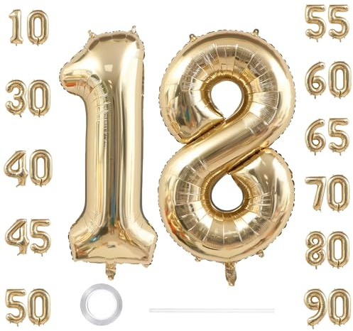 GoldRock XXL luftballonger 18-årsdagsdekoration 102 cm, dekoration för 18-årsdag pojke flicka, siffror 18 luftballong vitguld, 18-årsdagsdekoration pojke flicka folieballong, 18-ballongsiffra stor för