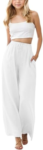 Pantalones de Lino y algodón para niñas, Cintura Alta, Pierna Ancha, Pantalones Palazzo, Ligeros, Holgados, Ropa de Descanso para la Escuela y Vacaciones