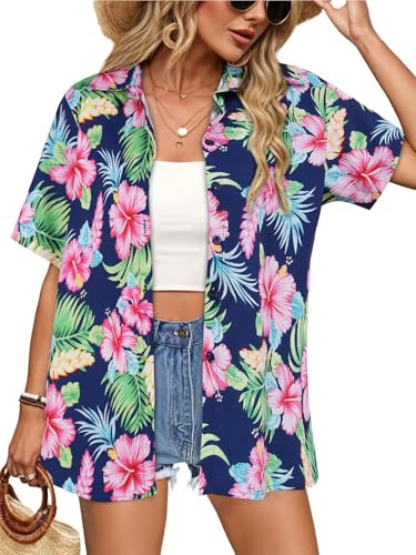 Womens Hawaiian Shirt Floral Button Down Tops(Pink Blue Floral,M)