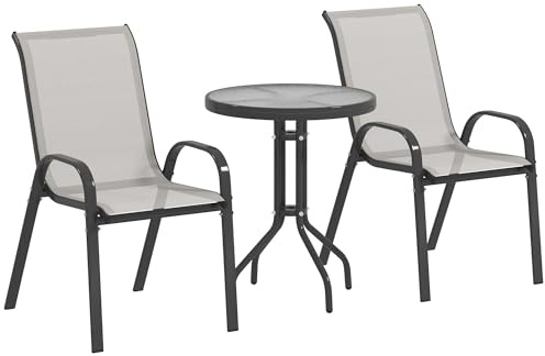 Outsunny Conjunto de Mesa y Sillas de Terraza Exterior de 3 Piezas, Muebles de Jardín Exterior con Sillas Apilables, Encimera de Vidrio y Estructura de Acero, para Patio, Gris Claro