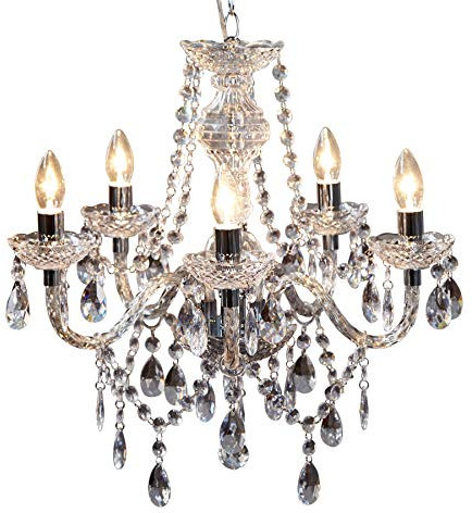 Riess Ambiente Moderner Kronleuchter CRYSTAL Klar 55cm mit 5 Armen Acrylglas E14 5-flammig Kerzen Lüster mit 15 Prismen Deckenleuchte