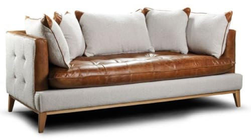 Casa Padrino Luxus Chesterfield 3er Sofa Braun/Weiß/Naturfarben 215 x 95 x H. 85 cm - Wohnzimmer Sofa mit Echtleder - Chesterfield Wohnzimmer Möbel