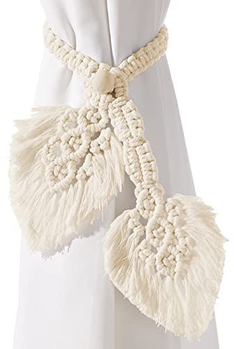 2 Pack Boho Curtain Tiebacks,Hand Knitting Cotton Curtain Holdbacks with Adjustable Natural Wooden Bead,Double Leaves Farmhouse Theme Curtain Tie Backs, for Indoor Outdoor Drapes Decorative,(Beige)