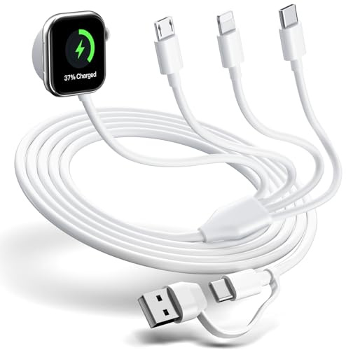 Multiladdningskabel 4-i-2 för Apple Watch-laddare, iPhone, reseladdare för klocka och telefon med iOS-portar/typ C/mikro-USB-port, kompatibel med iWatch/iPhone 16 15/Galaxy Android, 1,8 m