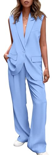 PRETTYGARDEN Womens Two Piece Outfits Sleeveless Blazer and Wide Leg Pants Suit Sets Business Casual Clothes (Light Blue,Small)