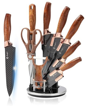 Kitchen Knife Set With Rotating Stand, 9 Piece Brown Chef Set, Ultra Sharp Stainless Steel Cooking Knives for Chopping, Slicing, Dicing (Brown)