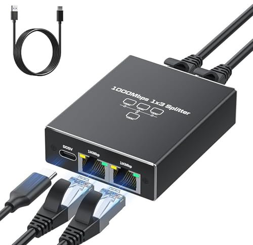 Divisor Ethernet, Conmutador de Red LAN 1 a 3, Divisor de Internet Gigabit, Cable Cat 6 7 8, con Cable USB para Múltiples Dispositivos