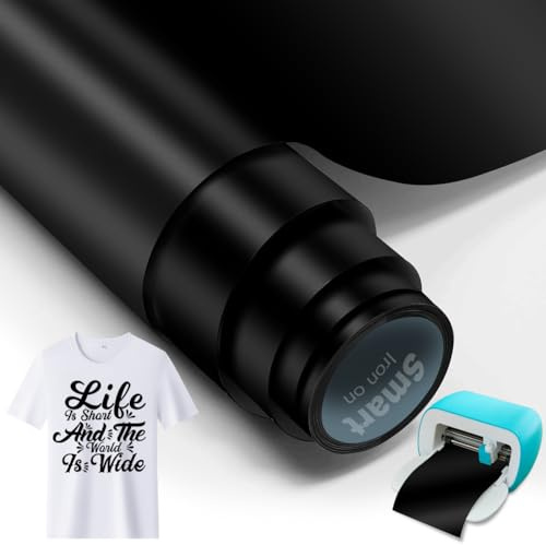 Black Smart Iron On for Cricut Joy, 14 x 200 cm Plotter Film Textile Smart Heat Transfer Vinyl Rolls, Flex Film Plotter Textiles for Iron-on Works without Cutting Mat for DIY T-Shirts, Hoodie, Fabrics