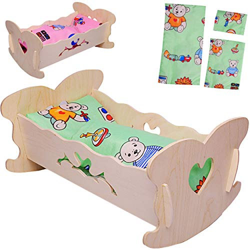 alles-meine.de GmbH Puppenbett/Wiege Verschiedene Modelle & Größen frei wählbar Set: kleine - Holz - Puppenwiege - mit Bettzeug - 36 cm lang - Wiegenset - Holzwiege Naturho..