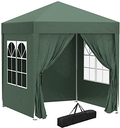 Outsunny Tonnelle de Jardin extérieure 2 x 2 m, tonnelle Pliante Pop-up, réglable en Hauteur, Protection UV, 4 côtés Amovibles, pour Camping, Festival, Plage, Sac de Transport, Vert foncé