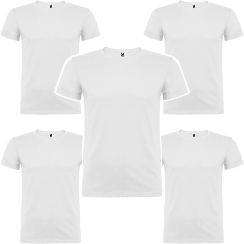 Roly Pack de 5 ó 10 Camisetas, Beagle, 100% Algodón para Hombre, Camisetas Manga Corta Básicas, Uso Diario. (FR/ES, Letras, XL, Regular, Regular, 5, Blanco)