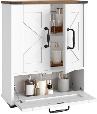 HOOBRO Farmhouse Wall Mounted Cabinet with Adjustable Shelf, Medicine Cabinet with Flip-Down Door, Over The Toilet Bathroom Organizer, for Small Bathroom, Kitchen, White and Walnut