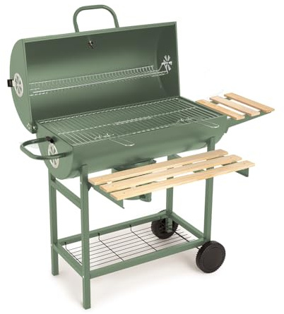 CREATE/BBQ SMOKEY/Barbacoa ahumadora de carbón con ruedas verde sage/De acero inoxidable, parrilla superior, control de temperatura, bandeja frontral y bandeja lateral, fácil de transportar