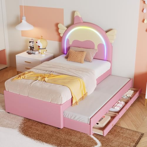 Oxtao Cuna con iluminación LED de 90 x 200 cm, cama individual de dibujos animados con somier y cajones, forma de unicornio, equipada con cama enrollable extraíble, material de poliuretano (rosa, 90 x