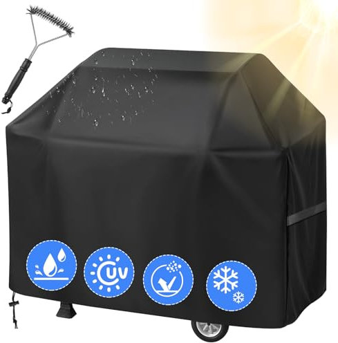 wiipara Grillabdeckung Wetterfest mit Grillbürste, Gasgrill Abdeckung Grill Abdeckhaube, Wasserdicht, Winddicht, UV-Schutz, Grillhaube aus 100% Polyester mit PU-Beschichtung, 147 x 61 x 122 cm Schwarz