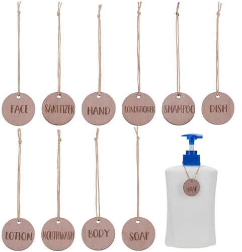 FINGERINSPIRE 10Pcs Wooden Bathroom Labels for Bottles Round Camel Bottle Decor Tags with Polyester Cord Wooden Bathroom Label - Dish, Hand, Soap, Lotion, Shampoo, Conditioner, Body, Face, Mouthwash
