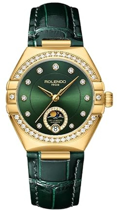 ROLENDO Green Watches for Women 33mm, Diamond Automatic Watch with Date-Day Display,Green Dial,Italian Calfskin Leather Strap, Mineral Crystal, Self Winding Ladies Watch for Dress,Luxury Accessory