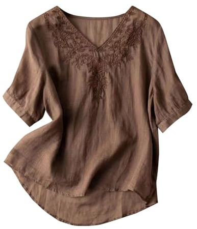 Camisas Mujer con Bordado en el Pecho, Blusa Fresca de Algodón,Estilo Boho Chic, Camisa Mujer Manga Corta Cuello en V Profundo, Estilo Relax y Sofisticado