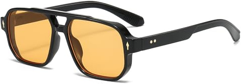 YUELUQU Occhiali da sole da pilota quadrati retrò per donne e uomini, doppio ponte, stile anni '70, stile vintage, protezione UV400, Nero-arancione, Taglia unica
