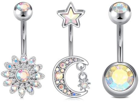 MODRSA 3PCS Belly Button Bars for Women, 14G 10mm Gold Silver Stainless Steel Belly Button Piercing Jewellery, Bohemian Style Moon Star Curved Navel Ring with Colorful Diamonds