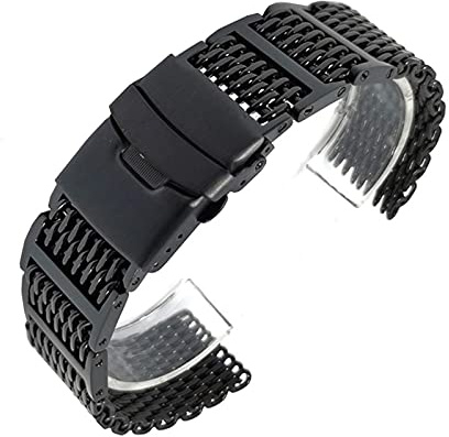 Justerbar Mesh rostfritt stål klocka rem, Flerfärgad 20-24 mm massivt rostfritt stål Mesh vikarmband(Black)