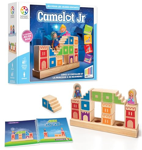 SmartGames - Camelot Jr - Jeu de Réflexion en Bois - Aide Le Chevalier à Rejoindre sa Princesse - 48 Défis de Différents Niveaux - 1 Joueur - A Partir de 4 Ans
