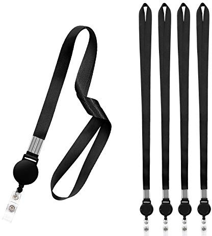 Fushing 5 Pcs Retractable Reels Key Chains Lanyards Neck Strap Band for ID Badge Holder for Business School Event (Black)