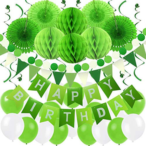 ZERODECO Décorations Anniversaire Happy Birthday Bon Anniversaire Bannière Fête Papier de Soie Boule Alvéolé Pompoms, Banderole en Triangle Guirlandes Verticales Ballons - Vert