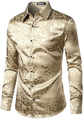 PARKLEES Chemise de luxe à manches longues en jacquard pour homme, coupe ajustée, en satin, imprimé floral, chemises pour mariage, bal de fin d'année
