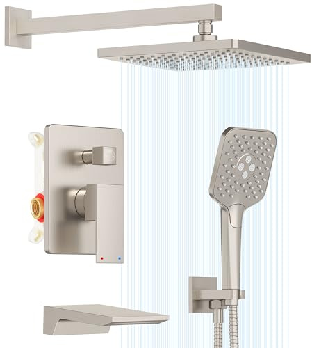 Gabrylly Shower System with Tub Spout, Wall Mounted Tub Shower Faucet Set for Bathroom with High Pressure 10 Rain Shower head and 3-Setting Handheld Shower Head Set,Brushed Nickel