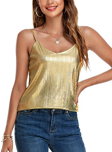 VIDUSSA Damen Funkelnde Tops Ärmellose Camisole Tank Tops Pailletten V-Ausschnitt Oberteile Shirt Blusen Champagner S
