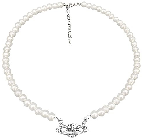 YuSaug Damen Perlenkette Saturn, Silber Saturn Perlenkette, Pearl Planet Necklace, Pearl Orb Choker - Silber