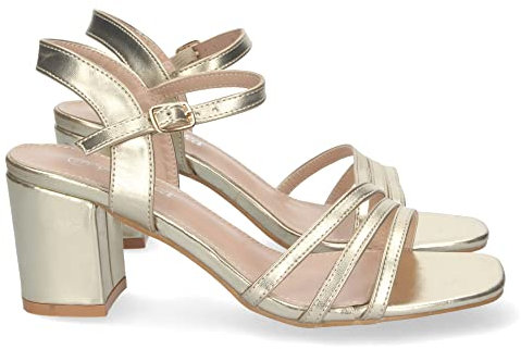 shoes&blues.es 72101-Sandalia de Tacon para Mujer, Comoda, con Palas Finas, Talon Abierto, y Cierre de Hebilla, Primavera Verano 2023. Talla 39 Oro