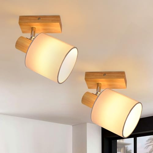 Glitzerlife Lámpara de techo Madera -2ER Focos de Techo E14 Retro Foco de Pared Giratorios con Pantalla de Luz para Dormitorio Salón Cocina Sala de Estar (Sin Bombilla)